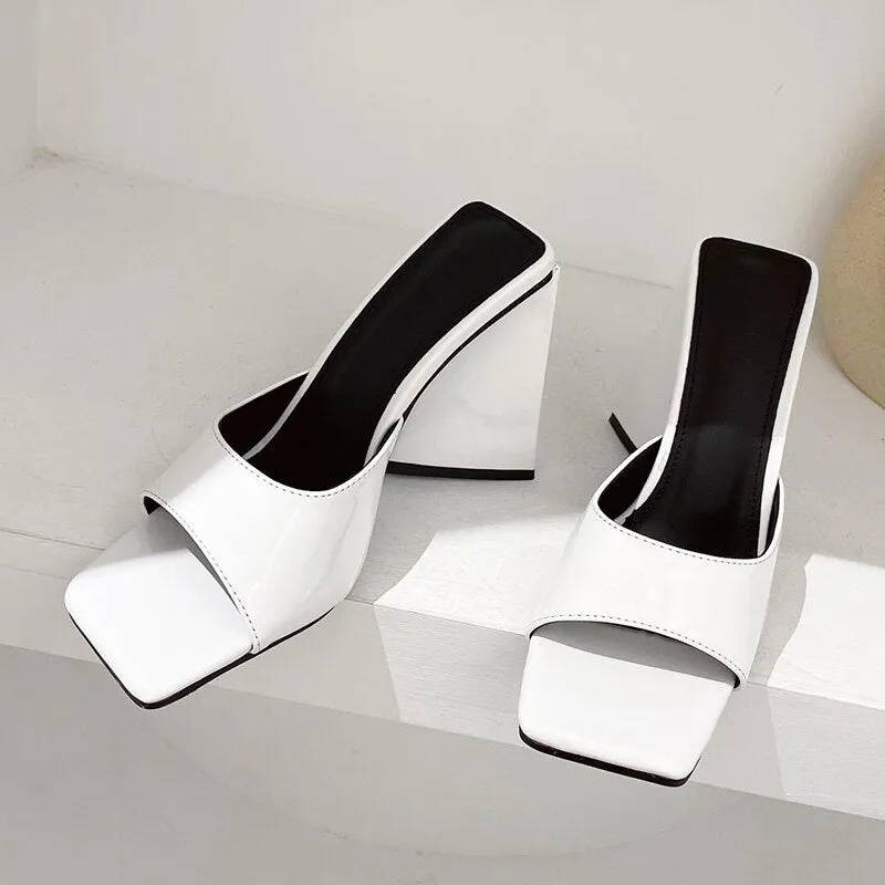 Amozae-2024 Women Design 10cm High Heels Slides Mules Summer Peep Toe Patent Leather Green Yellow Thick Block Heels Slippers Party Shoe 06-23