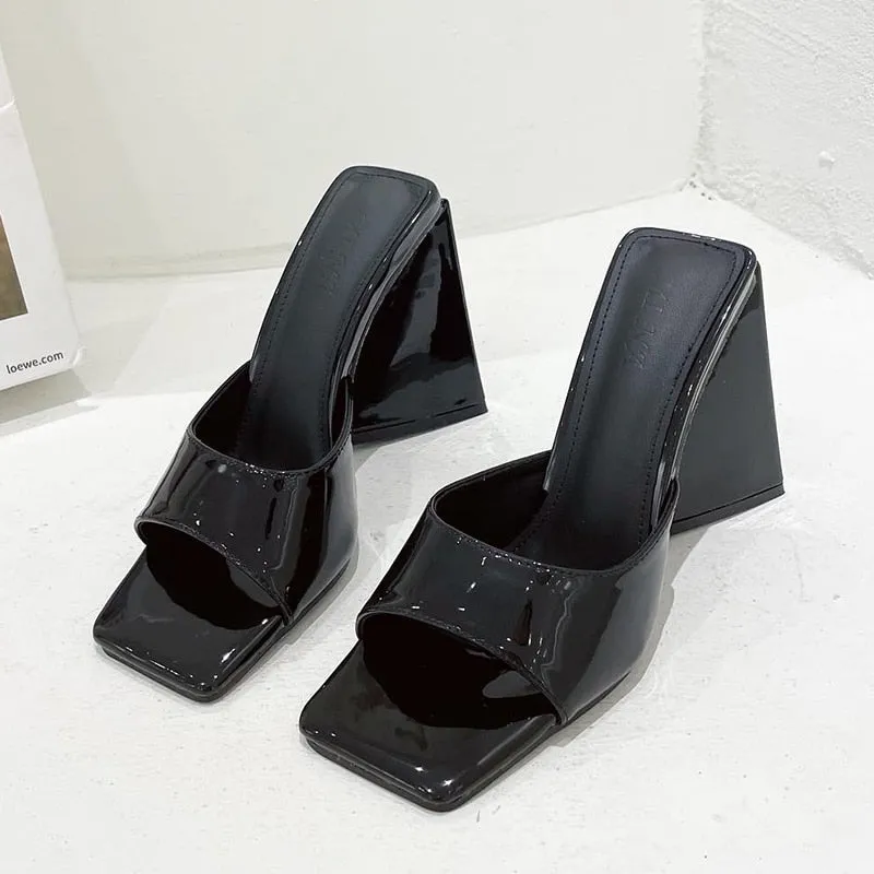 Amozae-2024 Women Design 10cm High Heels Slides Mules Summer Peep Toe Patent Leather Green Yellow Thick Block Heels Slippers Party Shoe 06-23