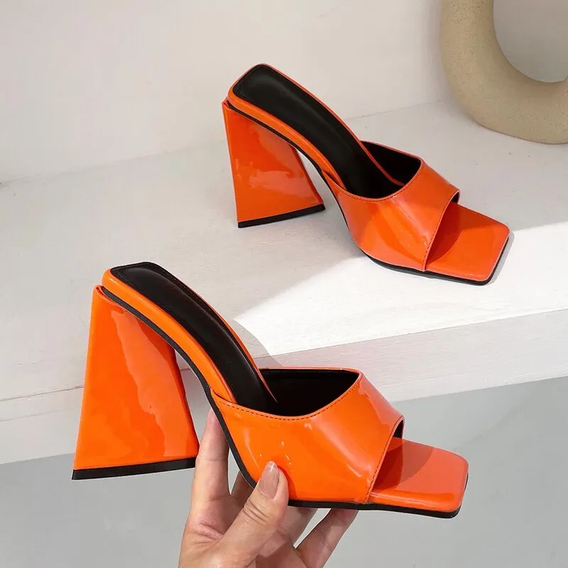Amozae-2024 Women Design 10cm High Heels Slides Mules Summer Peep Toe Patent Leather Green Yellow Thick Block Heels Slippers Party Shoe 06-23