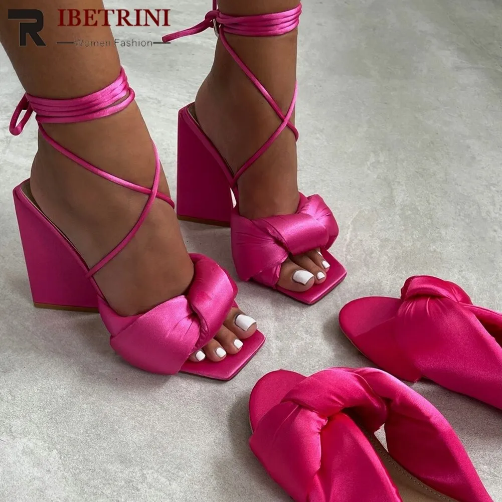 Amozae--Christmas Gift Ladies Square Toe Bow Knot Sandals For Women Lace Up High Strang High Heel Shoes Woman Ankle Strappy Fashion Elegant Summer Sale