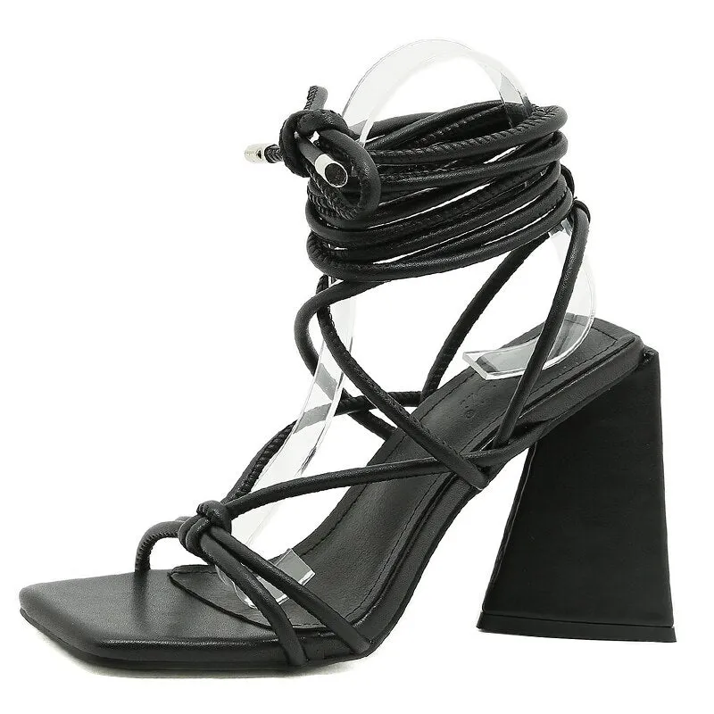Amozae--Christmas Gift Ladies Square Toe Bow Knot Sandals For Women Lace Up High Strang High Heel Shoes Woman Ankle Strappy Fashion Elegant Summer Sale