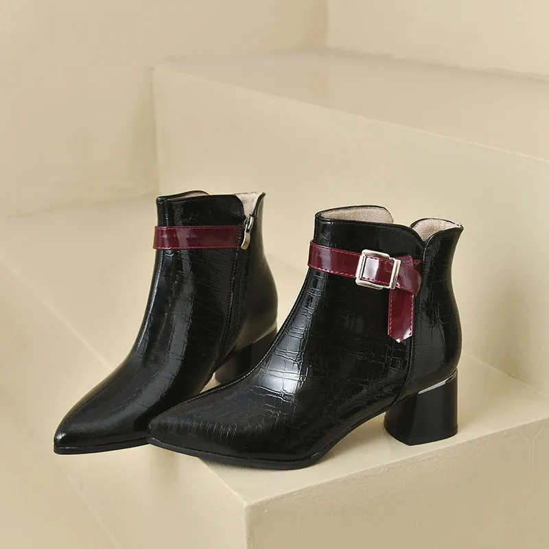 Amozae-Chunky High Heel Platform Boots Women 2023 Autumn Winter Pointed Toe Patent Leather Ankle Boots Belt Buckle Design Chelsea Boots