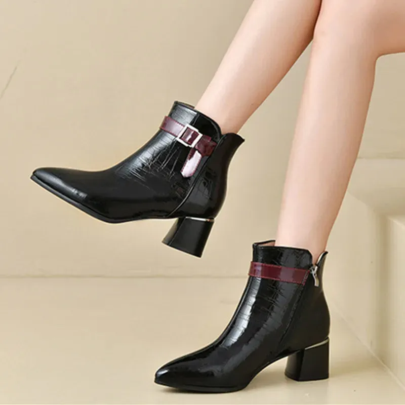 Amozae-Chunky High Heel Platform Boots Women 2023 Autumn Winter Pointed Toe Patent Leather Ankle Boots Belt Buckle Design Chelsea Boots