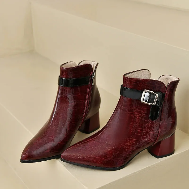 Amozae-Chunky High Heel Platform Boots Women 2023 Autumn Winter Pointed Toe Patent Leather Ankle Boots Belt Buckle Design Chelsea Boots