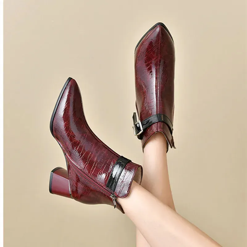 Amozae-Chunky High Heel Platform Boots Women 2023 Autumn Winter Pointed Toe Patent Leather Ankle Boots Belt Buckle Design Chelsea Boots