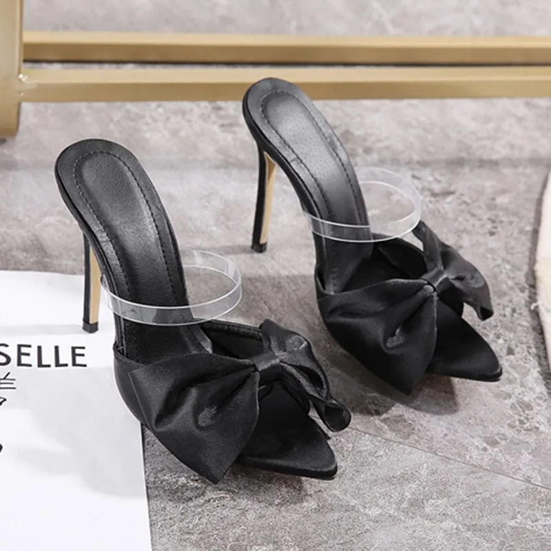 Amozae-Luxury Design Slides Women 11.5cm High Heels Pointed Toe Mules Fetish Summer Sandals Lady Heels Slipper Bowknot Stripper Shoes