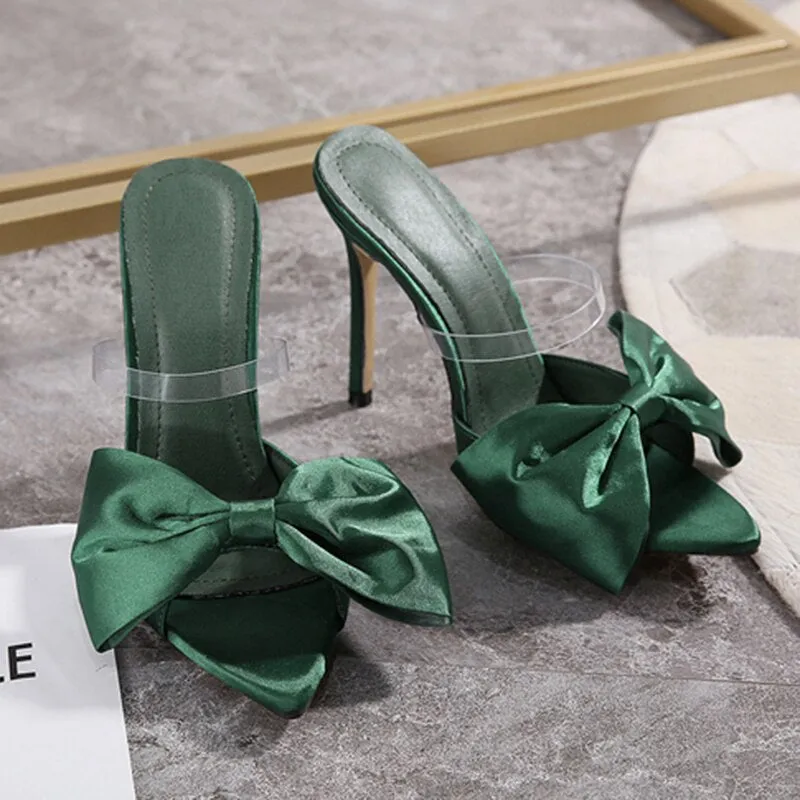 Amozae-Luxury Design Slides Women 11.5cm High Heels Pointed Toe Mules Fetish Summer Sandals Lady Heels Slipper Bowknot Stripper Shoes