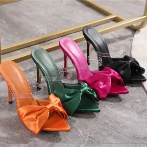 Amozae-Luxury Design Slides Women 11.5cm High Heels Pointed Toe Mules Fetish Summer Sandals Lady Heels Slipper Bowknot Stripper Shoes