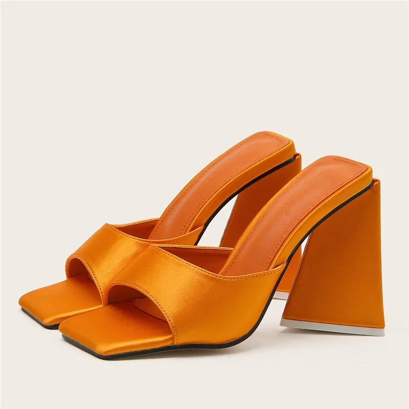 Amozae-  Women Design 11cm High Heels Slides Mules Summer Silk Thick Block Heels Sandals Slingback Orange Slipper Party Chunky Shoes
