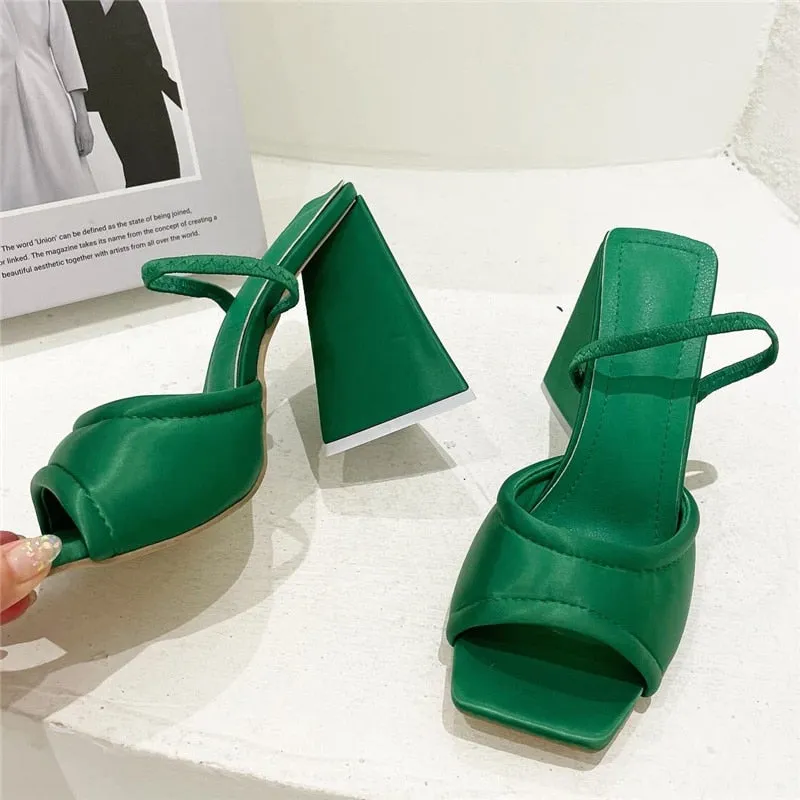 Amozae-  Women Design 11cm High Heels Slides Mules Summer Silk Thick Block Heels Sandals Slingback Orange Slipper Party Chunky Shoes