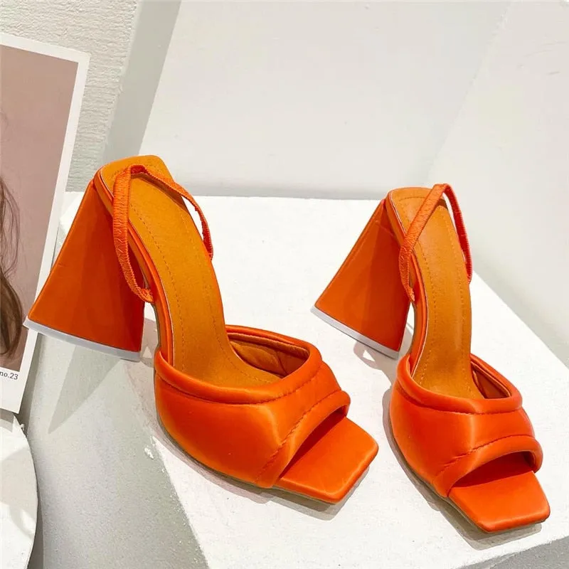 Amozae-  Women Design 11cm High Heels Slides Mules Summer Silk Thick Block Heels Sandals Slingback Orange Slipper Party Chunky Shoes
