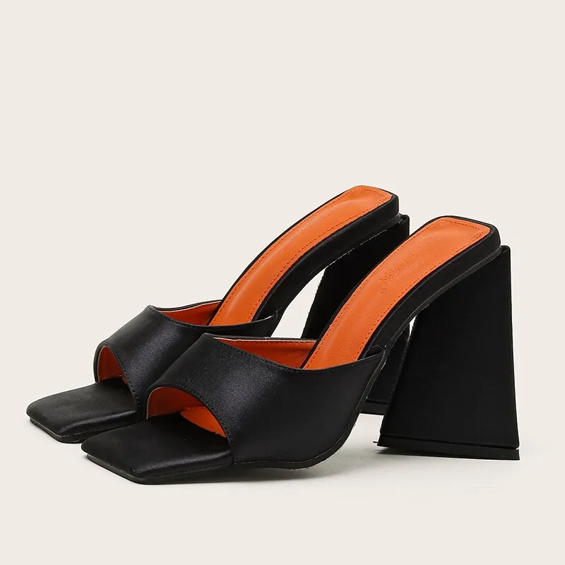 Amozae-  Women Design 11cm High Heels Slides Mules Summer Silk Thick Block Heels Sandals Slingback Orange Slipper Party Chunky Shoes