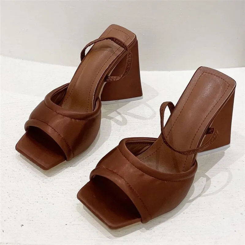 Amozae-  Women Design 11cm High Heels Slides Mules Summer Silk Thick Block Heels Sandals Slingback Orange Slipper Party Chunky Shoes