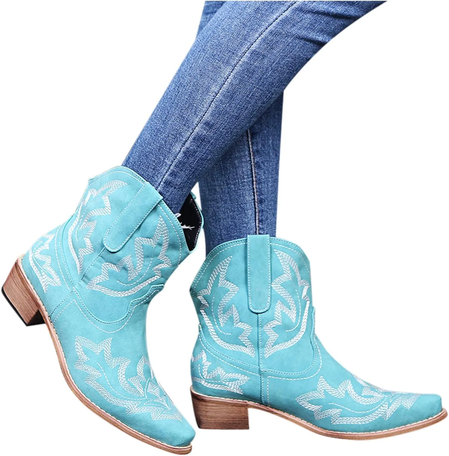 Ankle Cowboy Boots for Women Cowgirl Booties for Women Western Retro Embroidery Pointed Toe Slip On Chunky Heel Boots