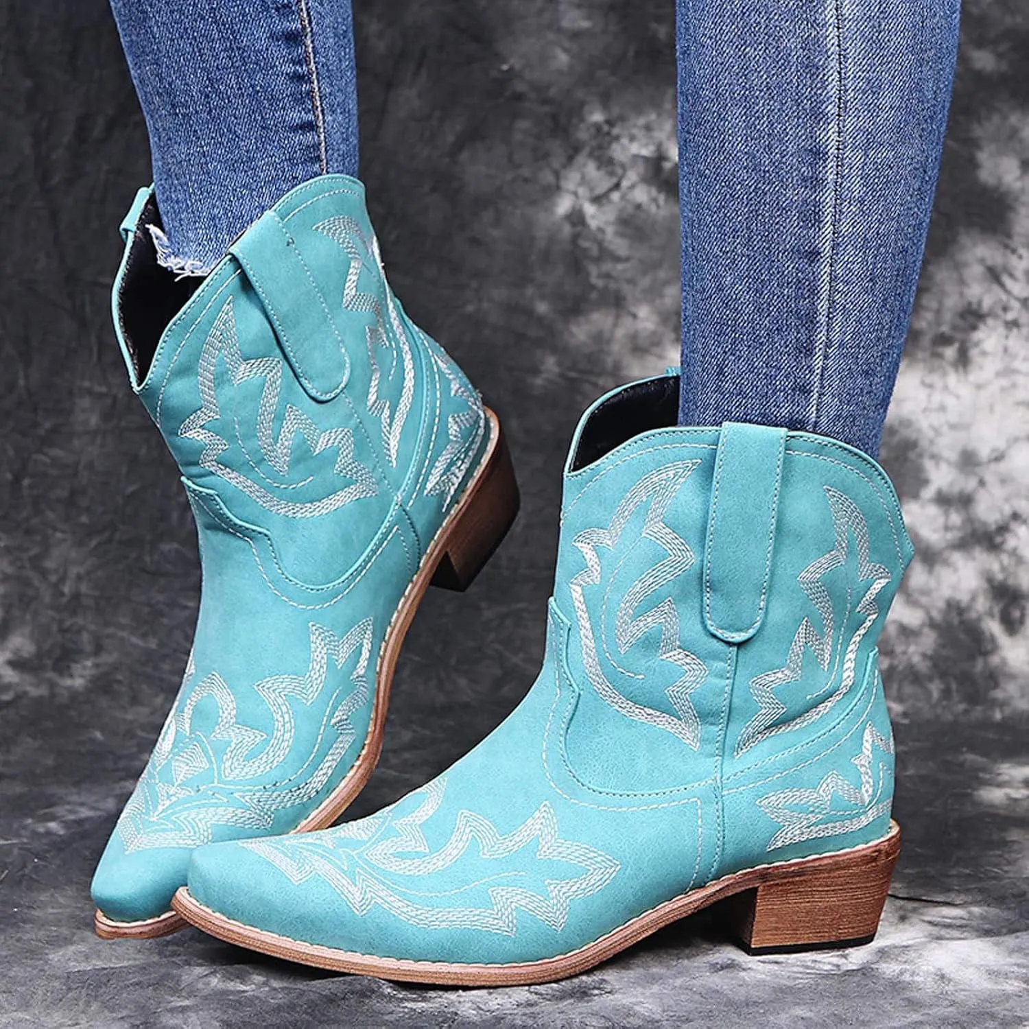 Ankle Cowboy Boots for Women Cowgirl Booties for Women Western Retro Embroidery Pointed Toe Slip On Chunky Heel Boots