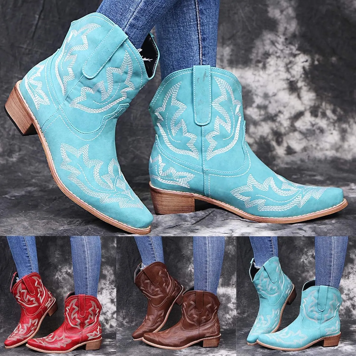Ankle Cowboy Boots for Women Cowgirl Booties for Women Western Retro Embroidery Pointed Toe Slip On Chunky Heel Boots