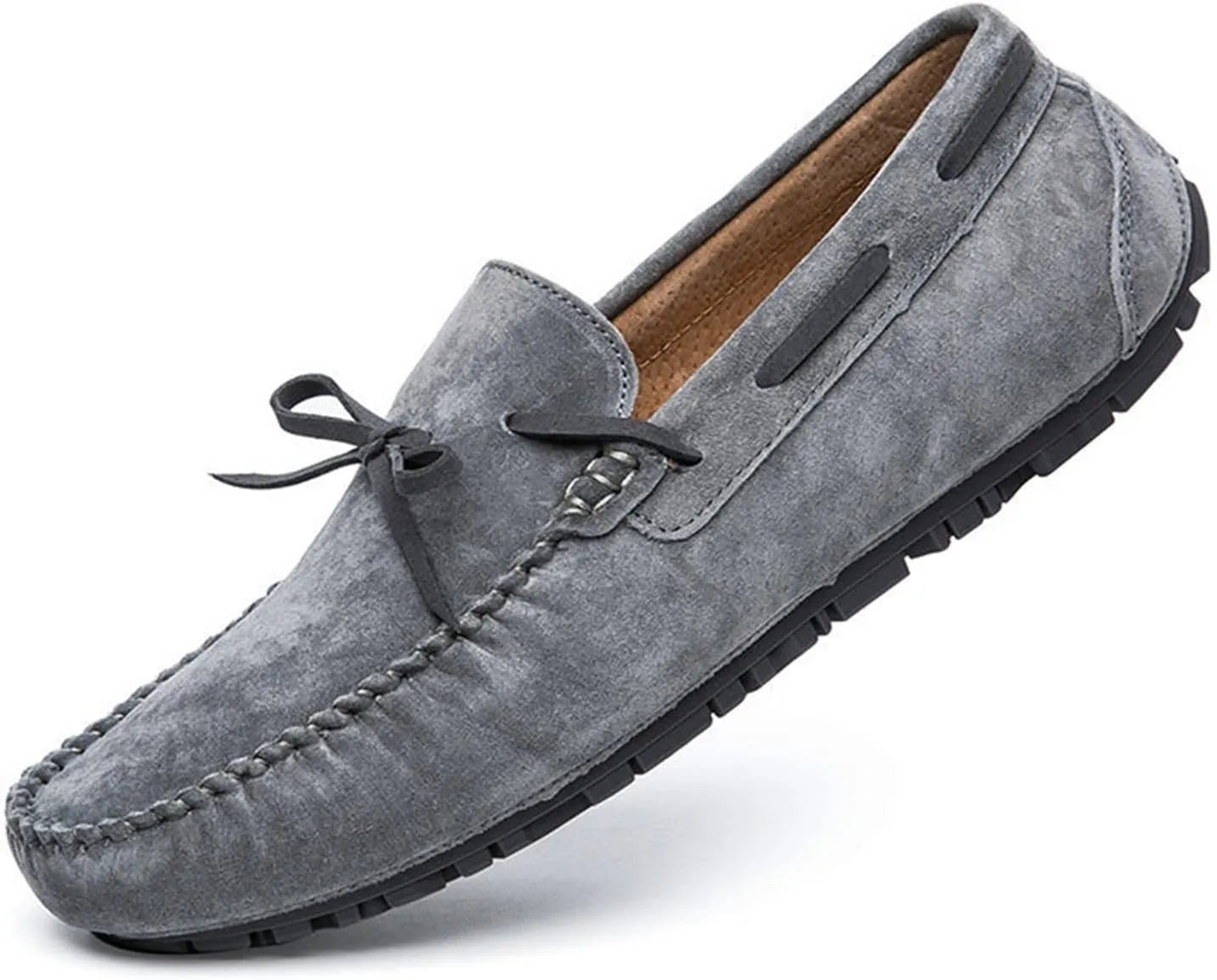 Driving Moccasins for Men Deck Shoes Genuine Leather Stitching Details Round Toe 1-Eye Suede Vamp Flat Heel Resistant Flexible Anti-Slip Driving for Any Attire