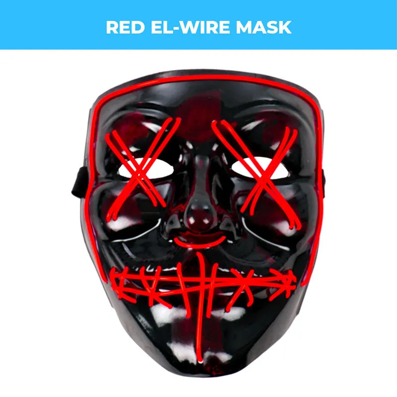 EL-Wire Purge (Hype) Party Mask - Black Finish Light-Up Mask - 5 Light Up Color Options