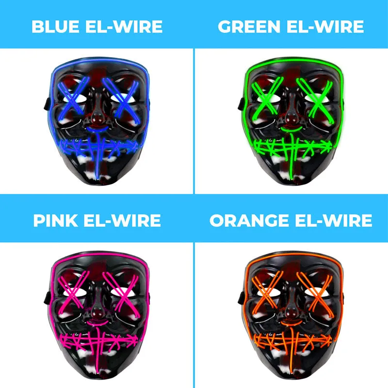 EL-Wire Purge (Hype) Party Mask - Black Finish Light-Up Mask - 5 Light Up Color Options