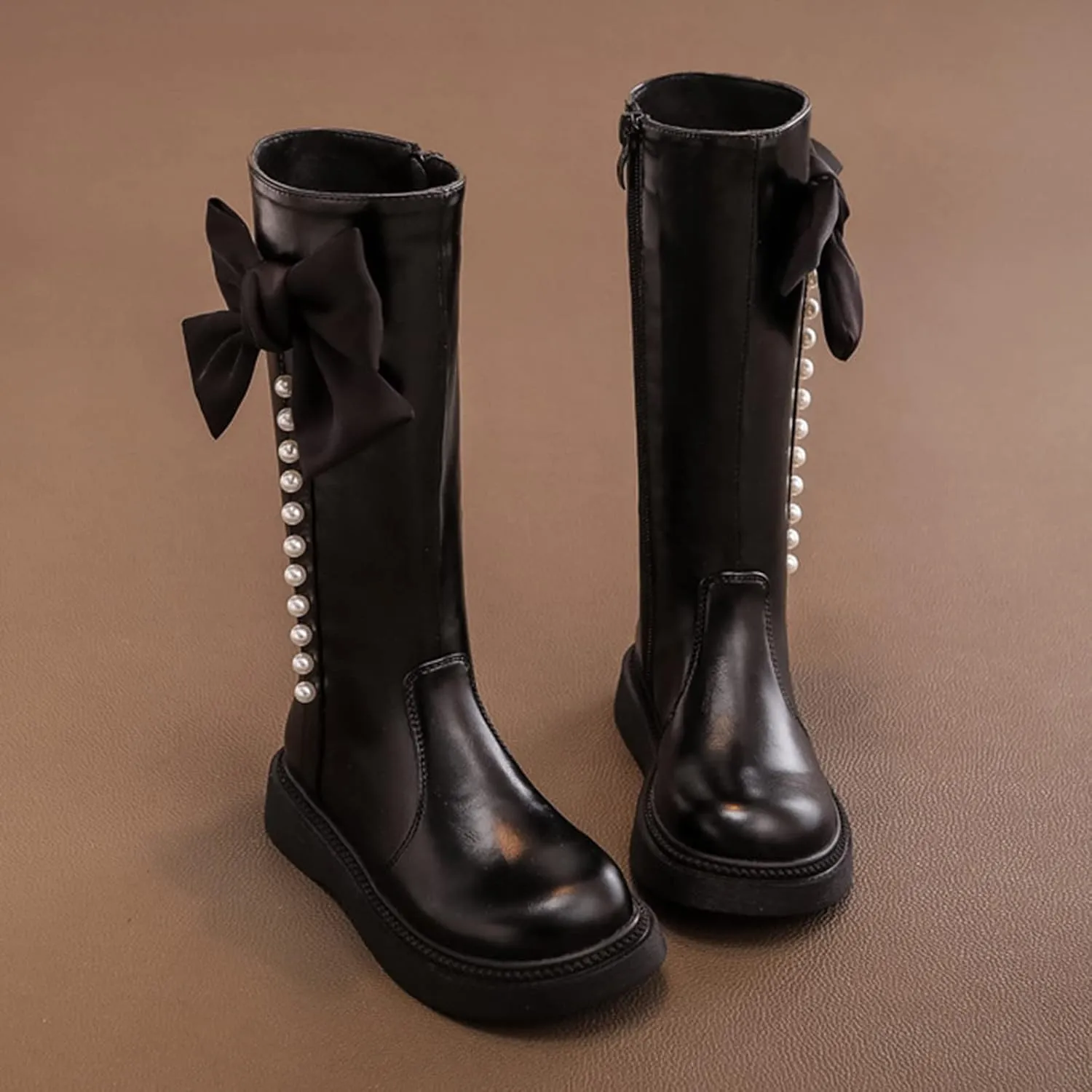 Girls Mid Calf Boots Kids Side Zipper Chunky Bottom Low Heels Wterproof High Boots with Bowknot for Fall Winter