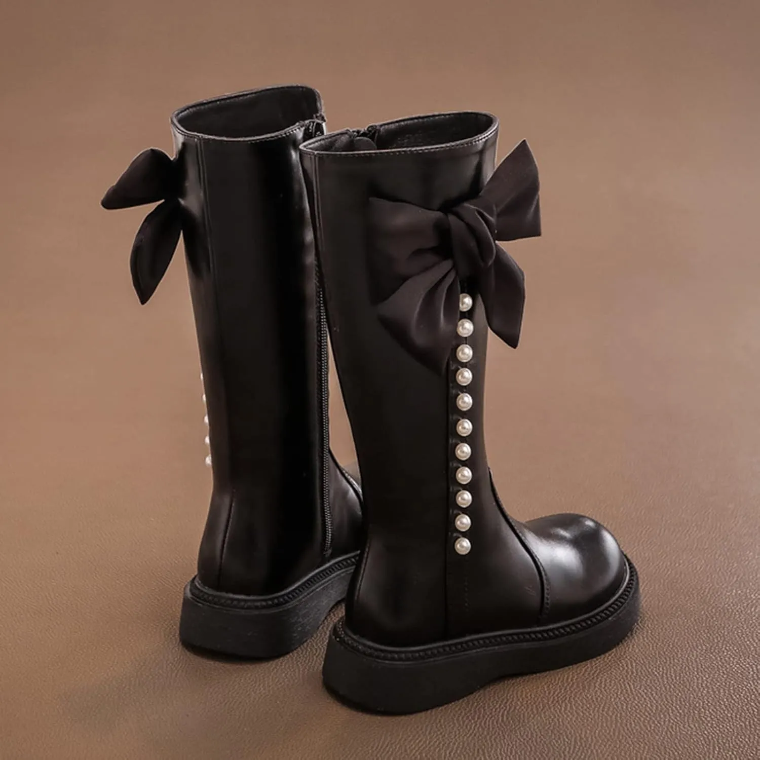 Girls Mid Calf Boots Kids Side Zipper Chunky Bottom Low Heels Wterproof High Boots with Bowknot for Fall Winter