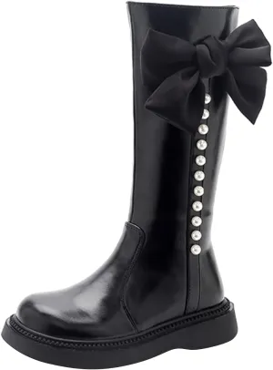 Girls Mid Calf Boots Kids Side Zipper Chunky Bottom Low Heels Wterproof High Boots with Bowknot for Fall Winter