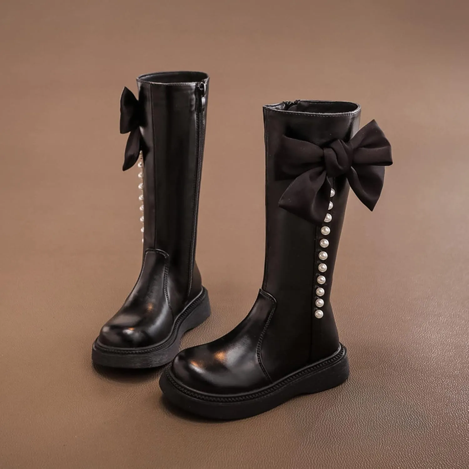 Girls Mid Calf Boots Kids Side Zipper Chunky Bottom Low Heels Wterproof High Boots with Bowknot for Fall Winter