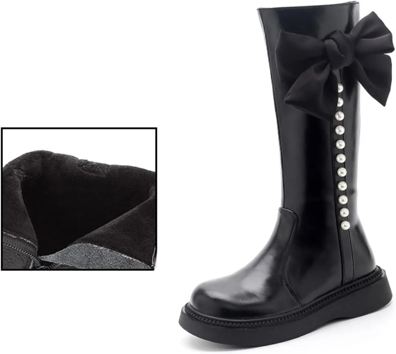Girls Mid Calf Boots Kids Side Zipper Chunky Bottom Low Heels Wterproof High Boots with Bowknot for Fall Winter