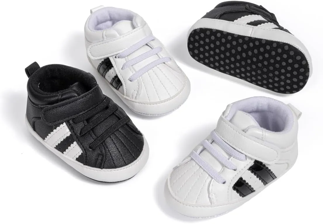 ISINSER Unisex Baby Premium PU Leather Sneaker Soft Non-Slip Sole Toddler Newborn Stripe Crib House Shoes
