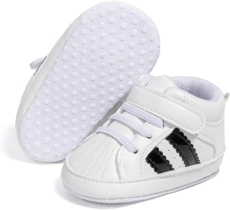 ISINSER Unisex Baby Premium PU Leather Sneaker Soft Non-Slip Sole Toddler Newborn Stripe Crib House Shoes