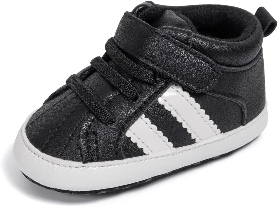 ISINSER Unisex Baby Premium PU Leather Sneaker Soft Non-Slip Sole Toddler Newborn Stripe Crib House Shoes