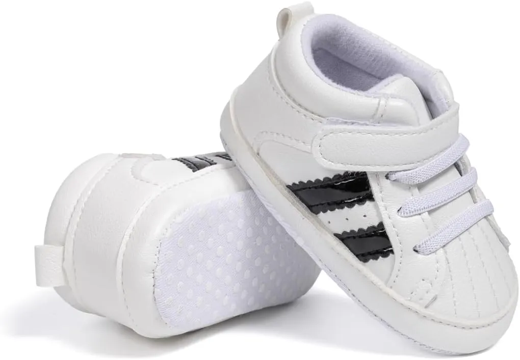 ISINSER Unisex Baby Premium PU Leather Sneaker Soft Non-Slip Sole Toddler Newborn Stripe Crib House Shoes