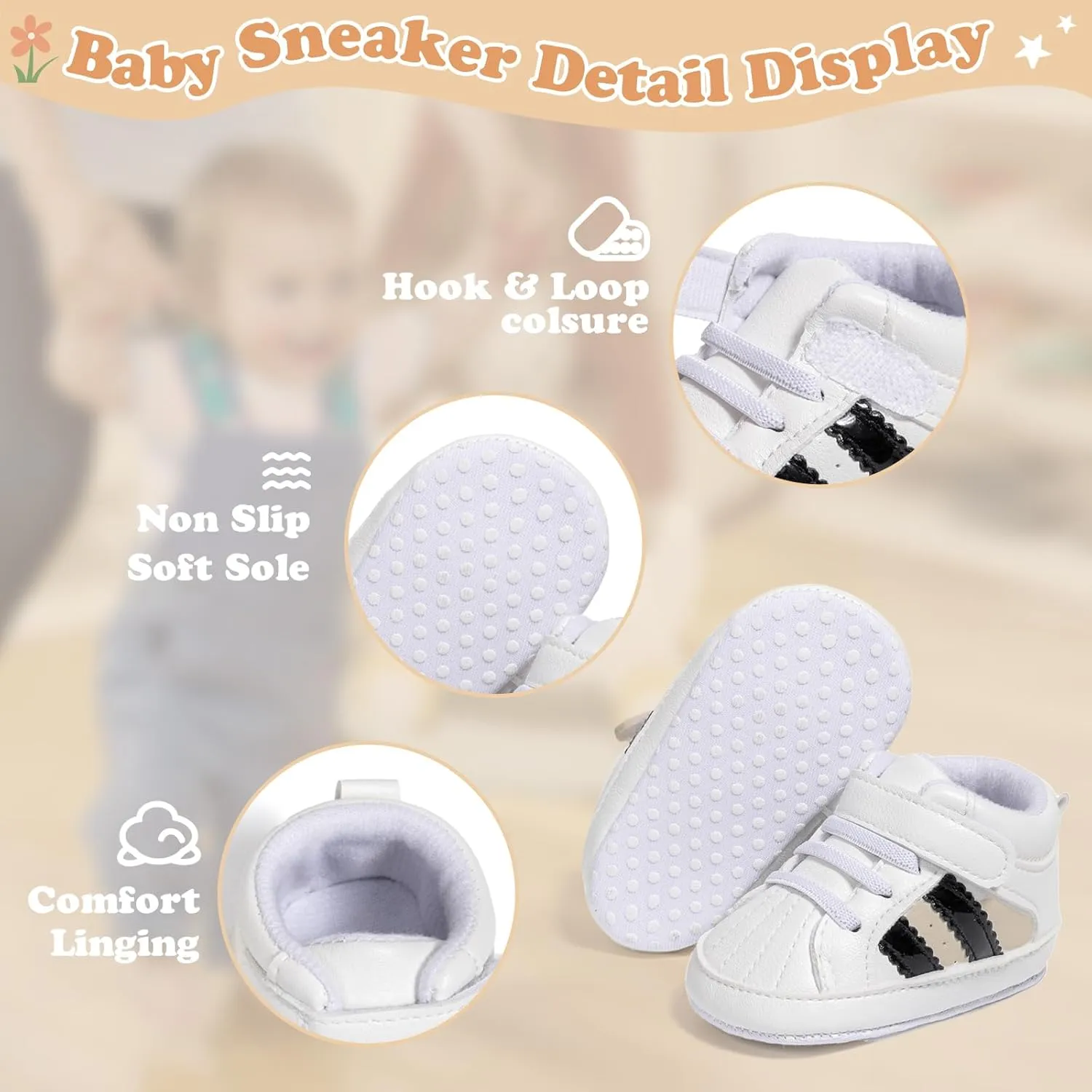 ISINSER Unisex Baby Premium PU Leather Sneaker Soft Non-Slip Sole Toddler Newborn Stripe Crib House Shoes