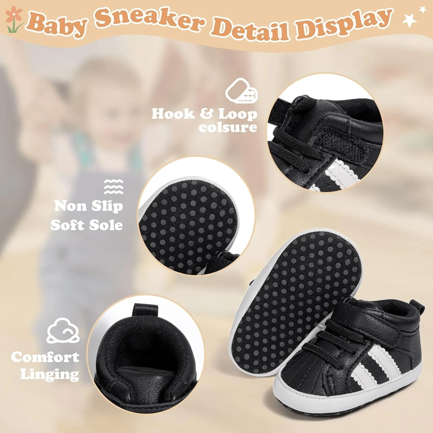 ISINSER Unisex Baby Premium PU Leather Sneaker Soft Non-Slip Sole Toddler Newborn Stripe Crib House Shoes