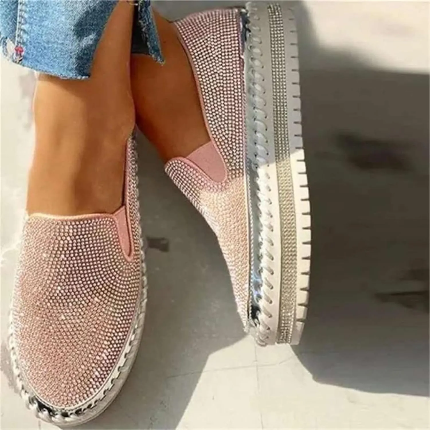 Ladmiple Sneakers For Women Walking Shoes Wide Width Slip On Sparkly Glitter Shoes Fashion Dressy Summer Flats Loafers
