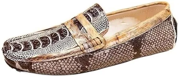 Men's Genuine Leather Crocodile Embossed Loafers -Flexible Comfortable Flat Heel Slip-Ons for Fashion and Prom