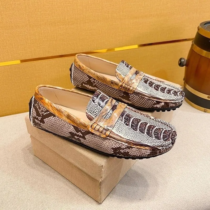 Men's Genuine Leather Crocodile Embossed Loafers -Flexible Comfortable Flat Heel Slip-Ons for Fashion and Prom