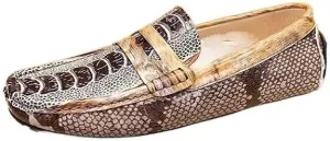 Men's Genuine Leather Crocodile Embossed Loafers -Flexible Comfortable Flat Heel Slip-Ons for Fashion and Prom