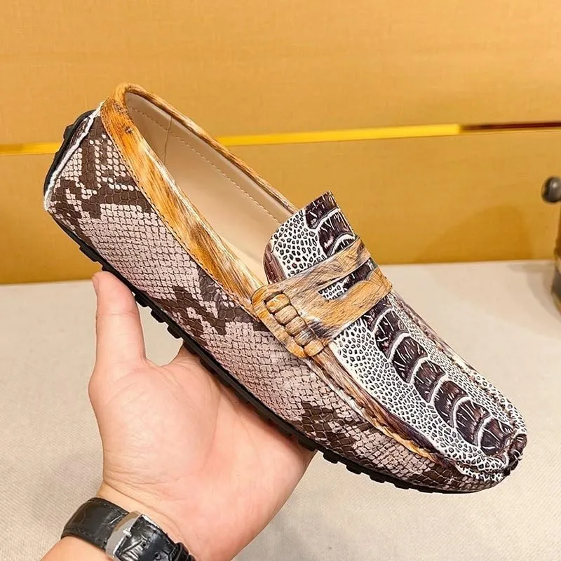 Men's Genuine Leather Crocodile Embossed Loafers -Flexible Comfortable Flat Heel Slip-Ons for Fashion and Prom
