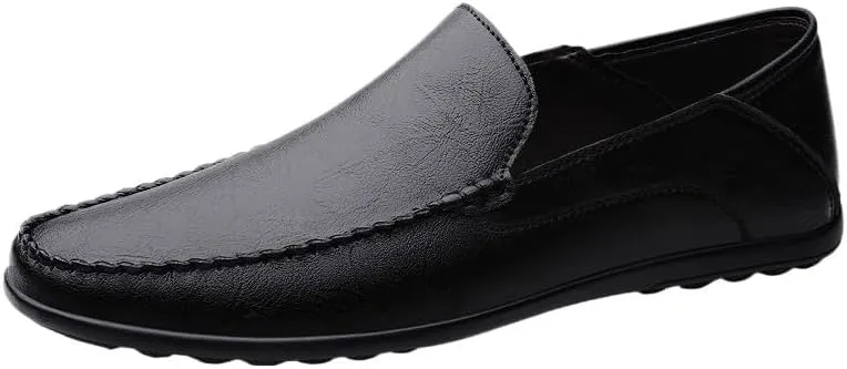 Men's Leather Loafers with Stitching Details ?C Comfortable Lightweight Casual Slip-Ons with Flat Heel