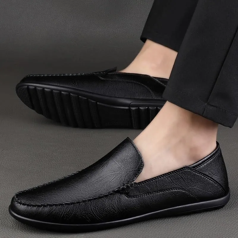 Men's Leather Loafers with Stitching Details ?C Comfortable Lightweight Casual Slip-Ons with Flat Heel