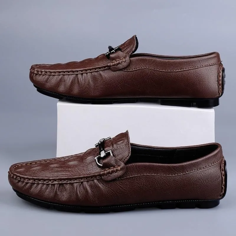Men's Loafers - Lightweight Leather Slip-Ons with Round Toe, Crocodile Print, Flexible Flat Heel, Casual Driving Loafers, Anti-Slip Design