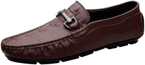 Men's Loafers - Lightweight Leather Slip-Ons with Round Toe, Crocodile Print, Flexible Flat Heel, Casual Driving Loafers, Anti-Slip Design
