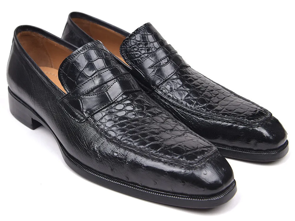 Paul Parkman Men's Crocodile Embossed Calfskin Leather Belt Hand-Painted, Black