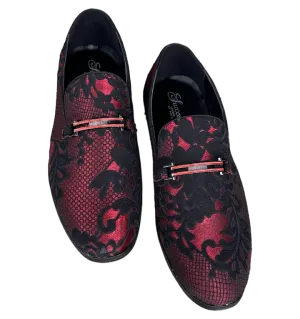 Stylish Men's Red and Black Slip-On Penny Loafers Paisley Floral Shoes Luxury Design
