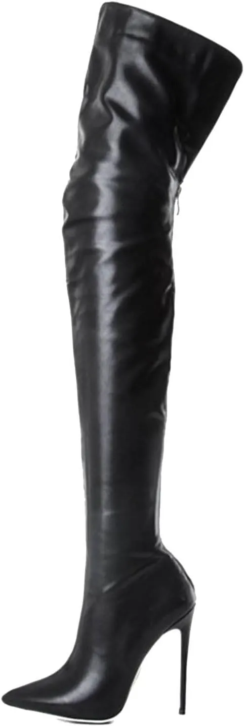 wodceeke Women's Over the Knee Boots Pointed Toe Stiletto High Heel Thigh High Boots Back Zipper Leather Long Boots