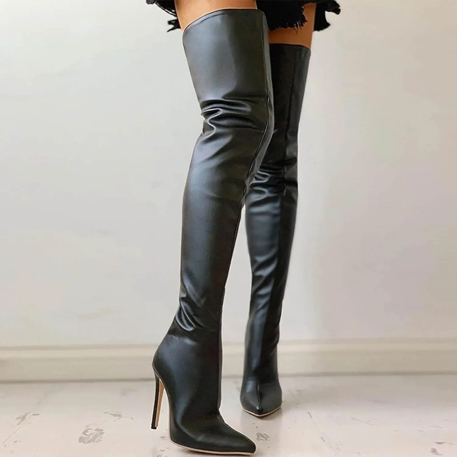 wodceeke Women's Over the Knee Boots Pointed Toe Stiletto High Heel Thigh High Boots Back Zipper Leather Long Boots