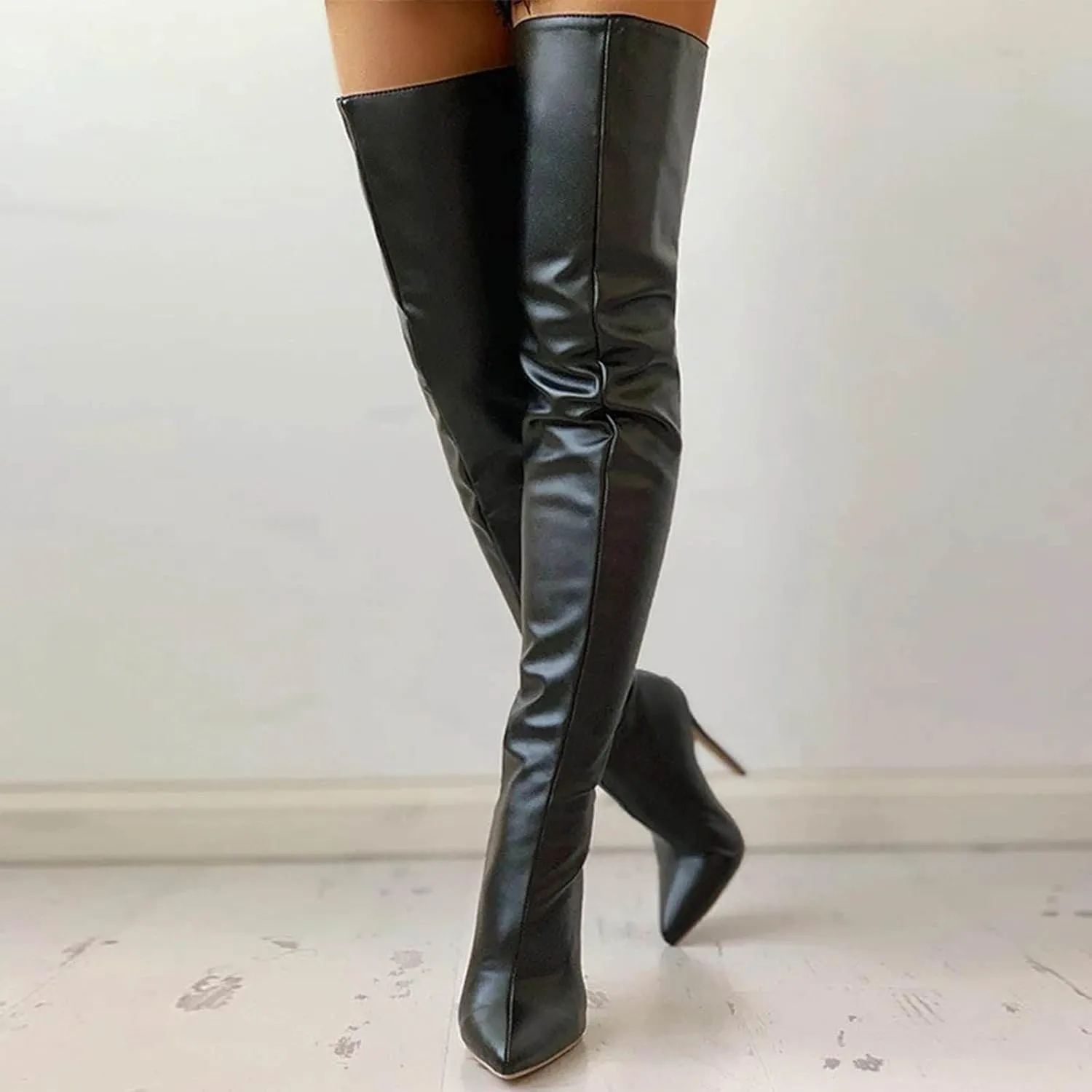 wodceeke Women's Over the Knee Boots Pointed Toe Stiletto High Heel Thigh High Boots Back Zipper Leather Long Boots