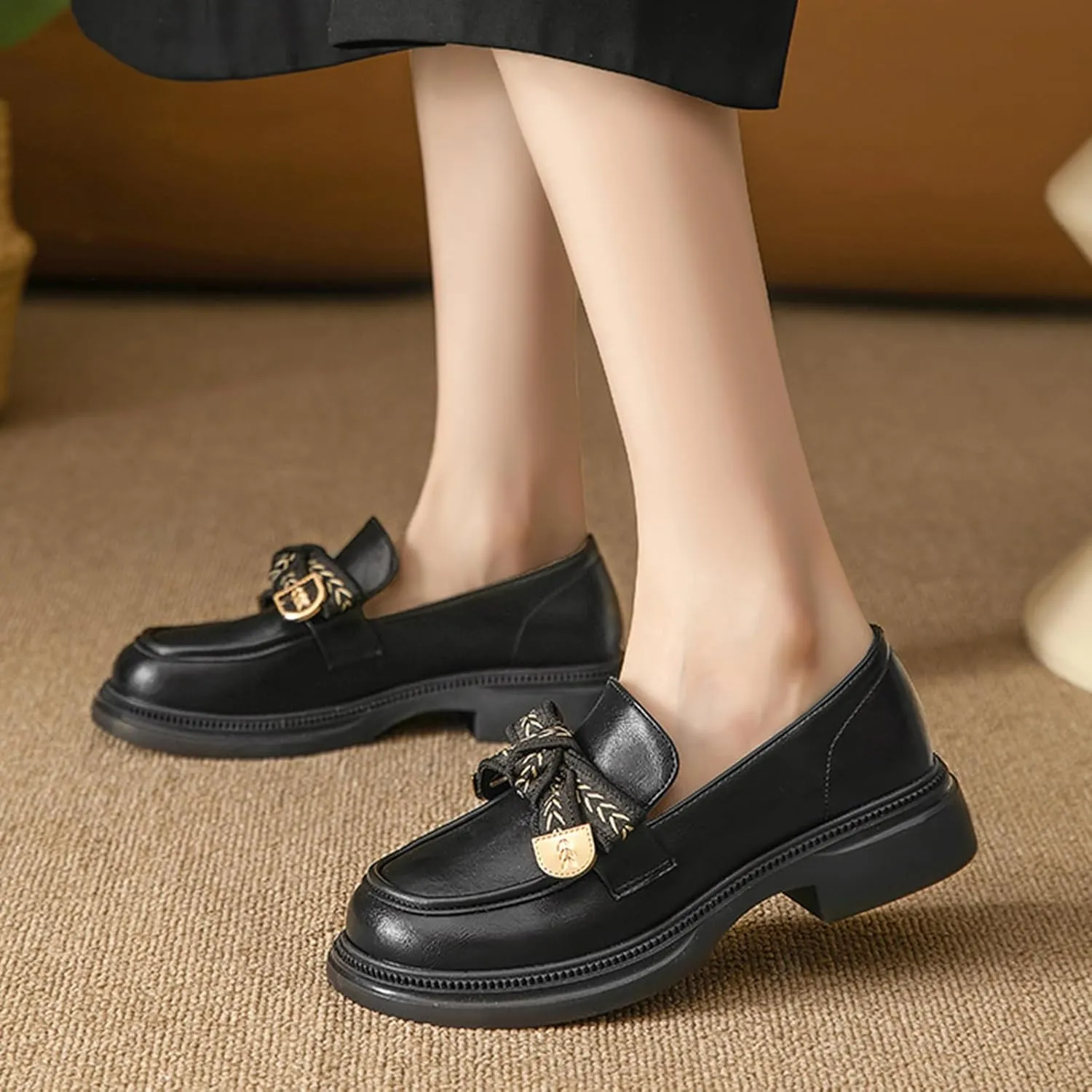 Women's Chunky Platform Loafers for Business/Casual Office Work - Autumn White Single Shoes with Thick Sole for Women,Black-38
