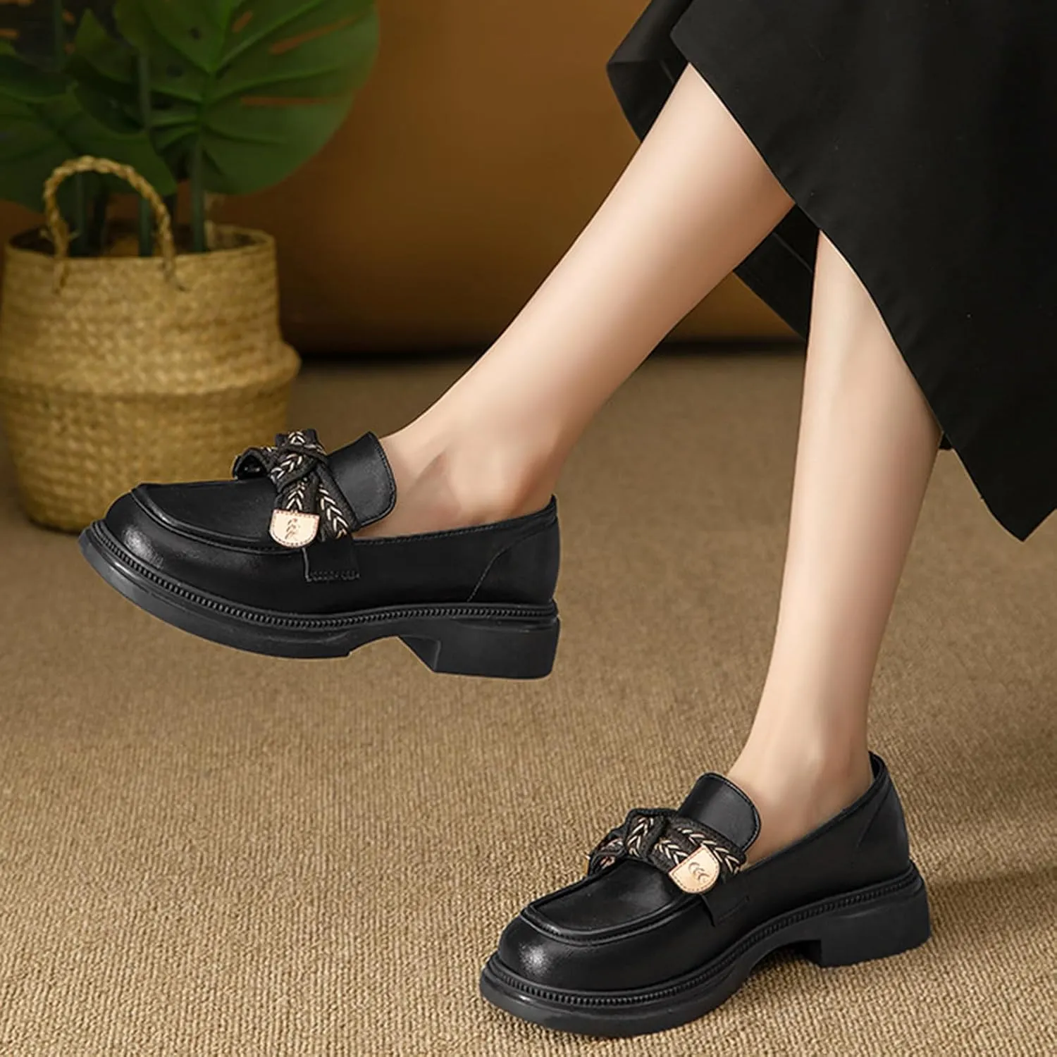 Women's Chunky Platform Loafers for Business/Casual Office Work - Autumn White Single Shoes with Thick Sole for Women,Black-38